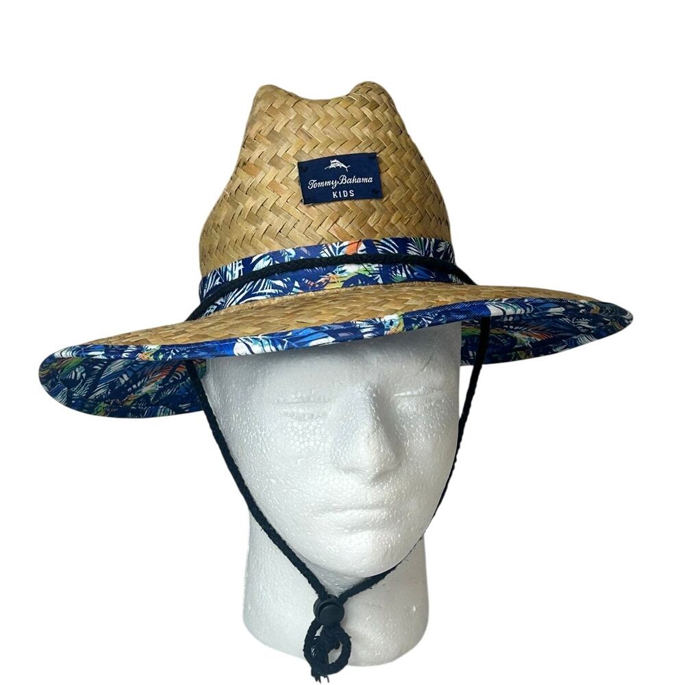 Tommy Bahama Kids straw hat woven straw body blue tropical band adjustable